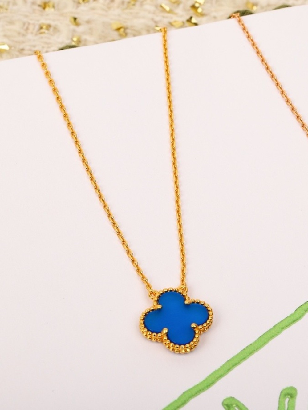 Van Cleef & Arpels Gold Clover Necklace with Blue Inlay